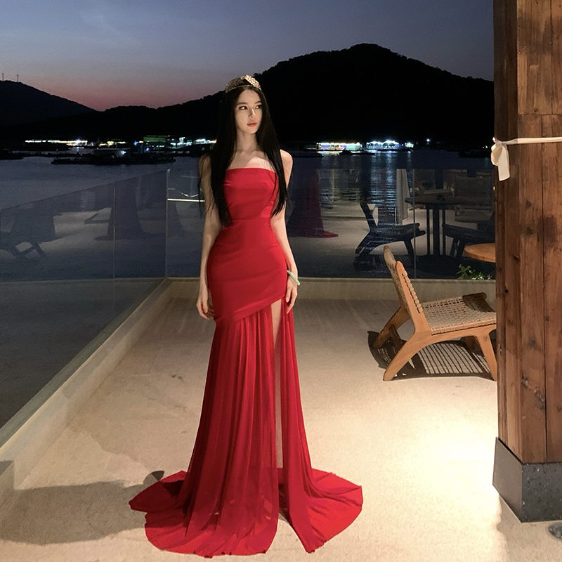 Wrapped chest banquet dress temperament red long dress