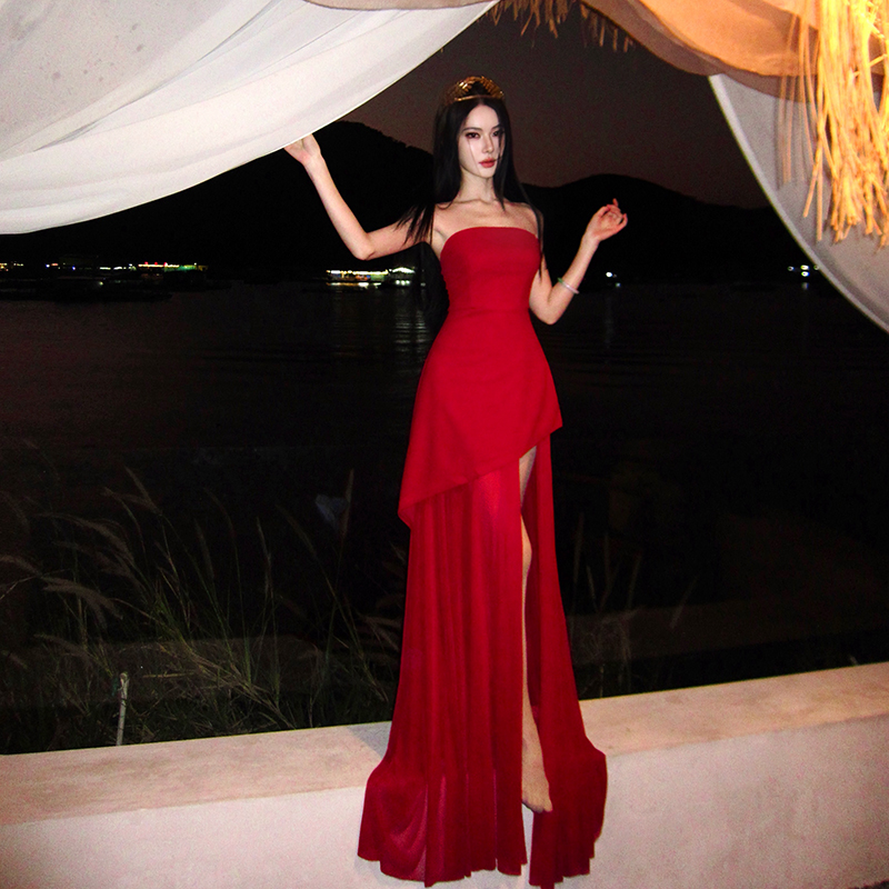 Wrapped chest banquet dress temperament red long dress