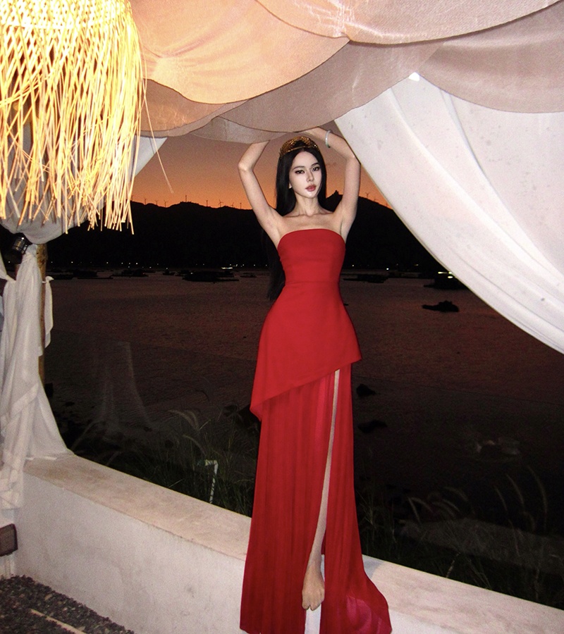 Wrapped chest banquet dress temperament red long dress