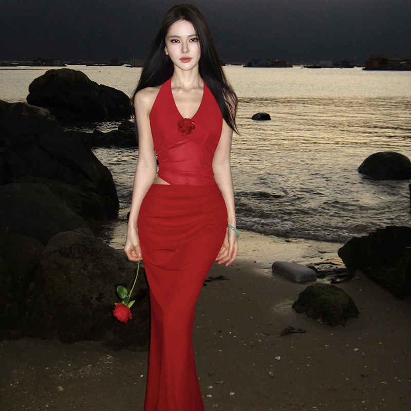 Seaside red evening dress banquet dress for women