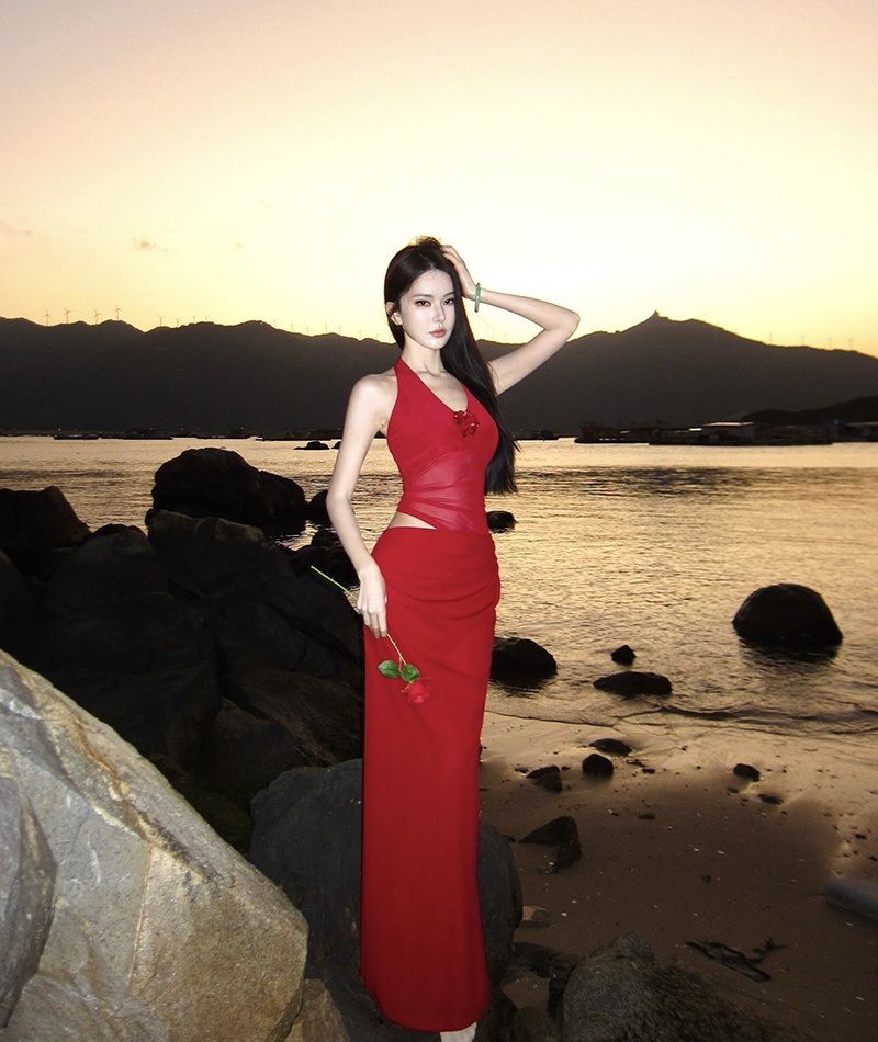 Seaside red evening dress banquet dress for women