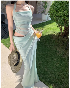 Splice gauze thin long sleeve Pseudo-two slim long dress