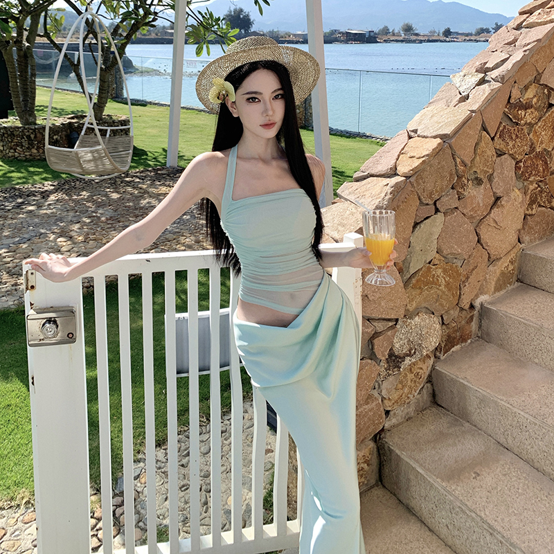 Splice gauze thin long sleeve Pseudo-two slim long dress