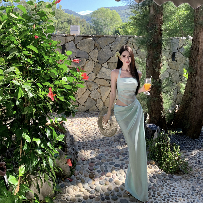 Splice gauze thin long sleeve Pseudo-two slim long dress