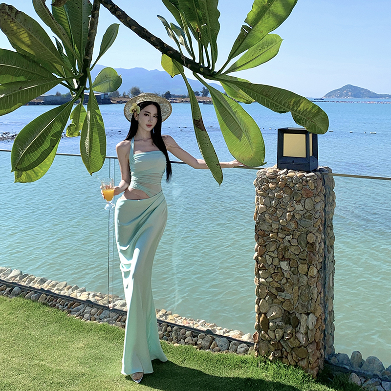 Splice gauze thin long sleeve Pseudo-two slim long dress