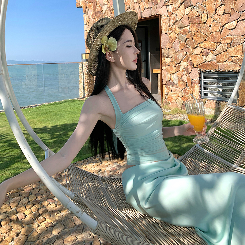 Splice gauze thin long sleeve Pseudo-two slim long dress