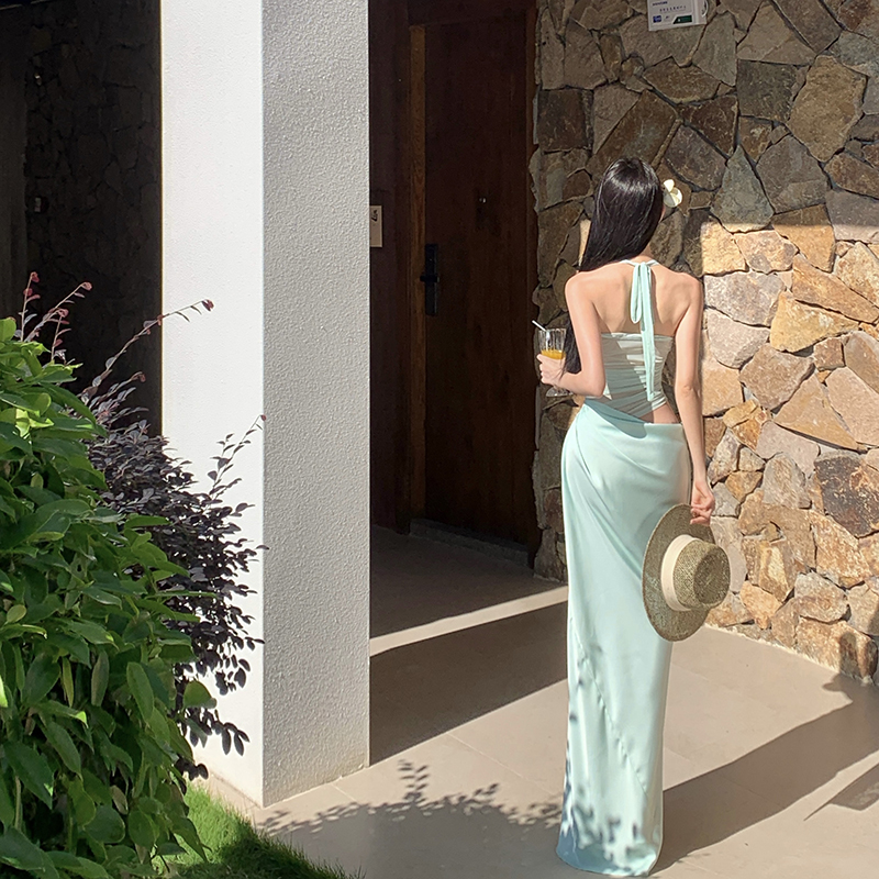 Splice gauze thin long sleeve Pseudo-two slim long dress