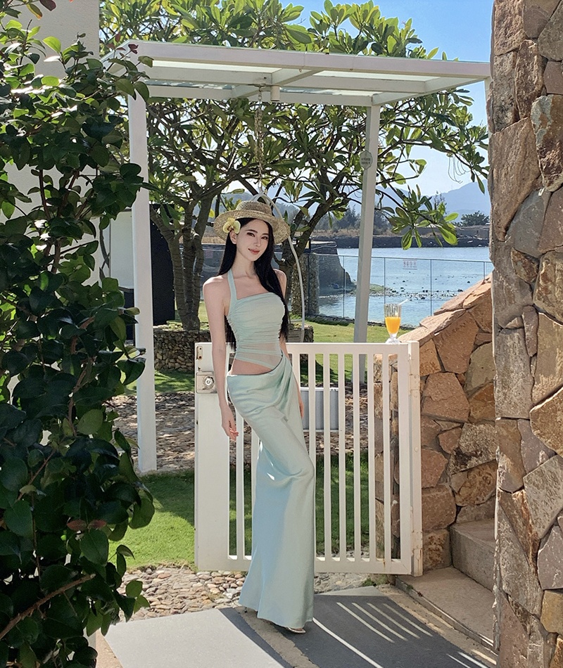 Splice gauze thin long sleeve Pseudo-two slim long dress