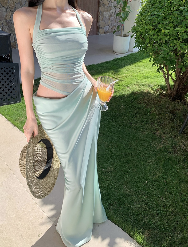 Splice gauze thin long sleeve Pseudo-two slim long dress