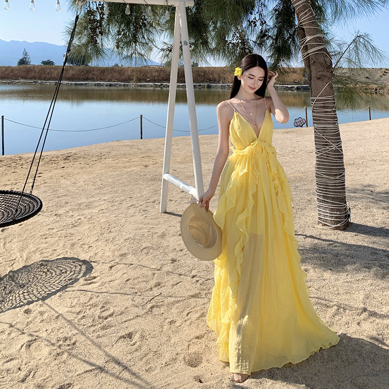 Temperament vacation long halter summer dress for women