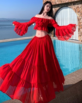 Seaside long skirt lotus leaf edges dress 2pcs set