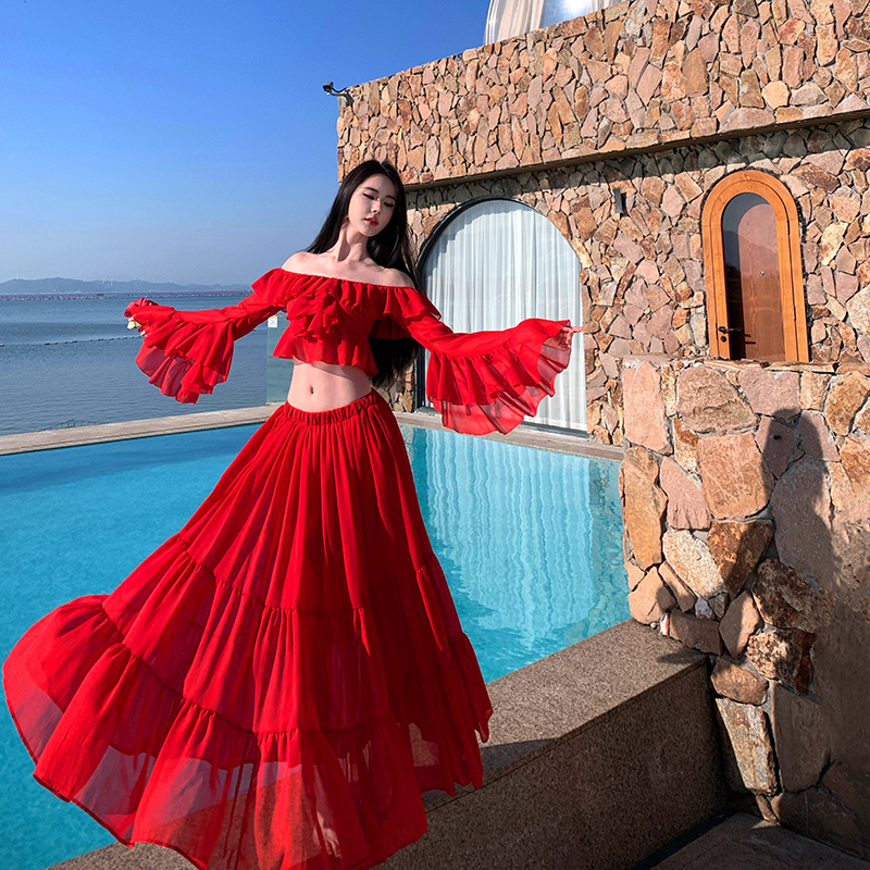 Seaside long skirt lotus leaf edges dress 2pcs set