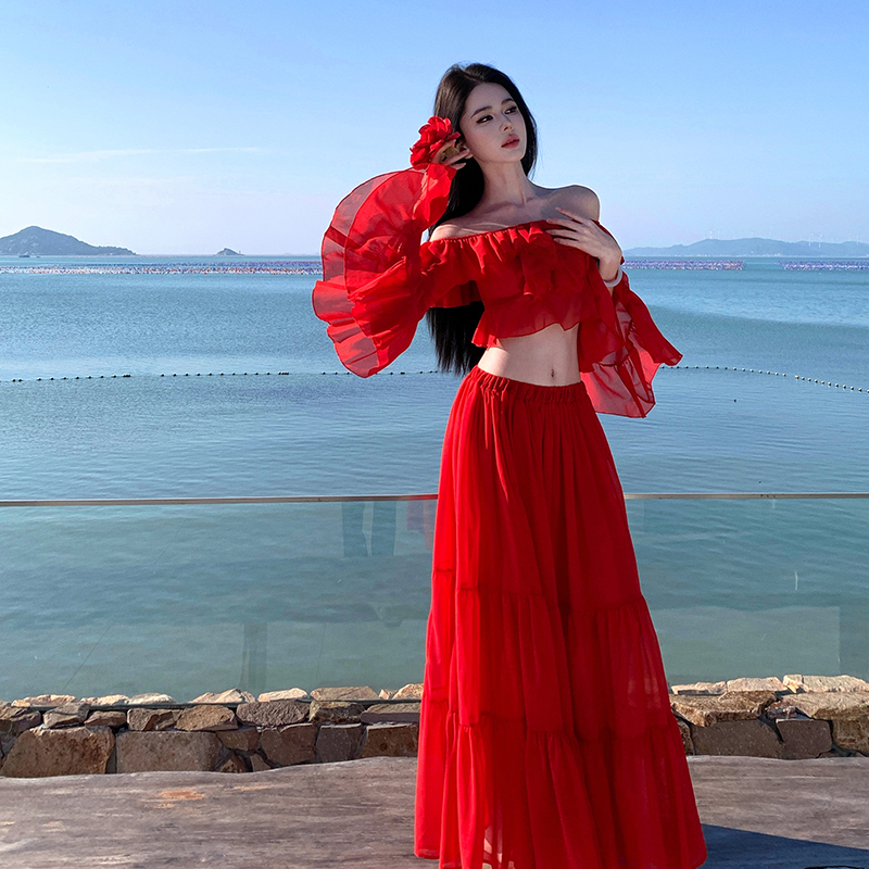 Seaside long skirt lotus leaf edges dress 2pcs set