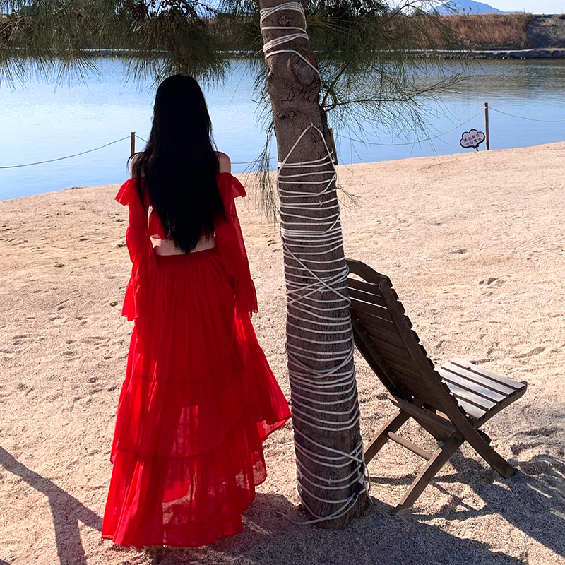 Seaside long skirt lotus leaf edges dress 2pcs set