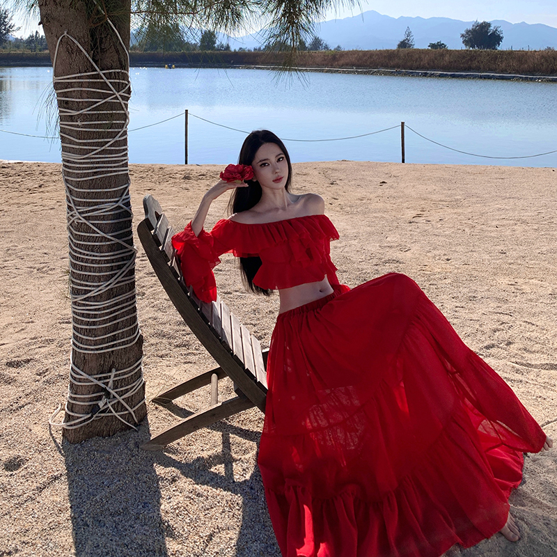 Seaside long skirt lotus leaf edges dress 2pcs set