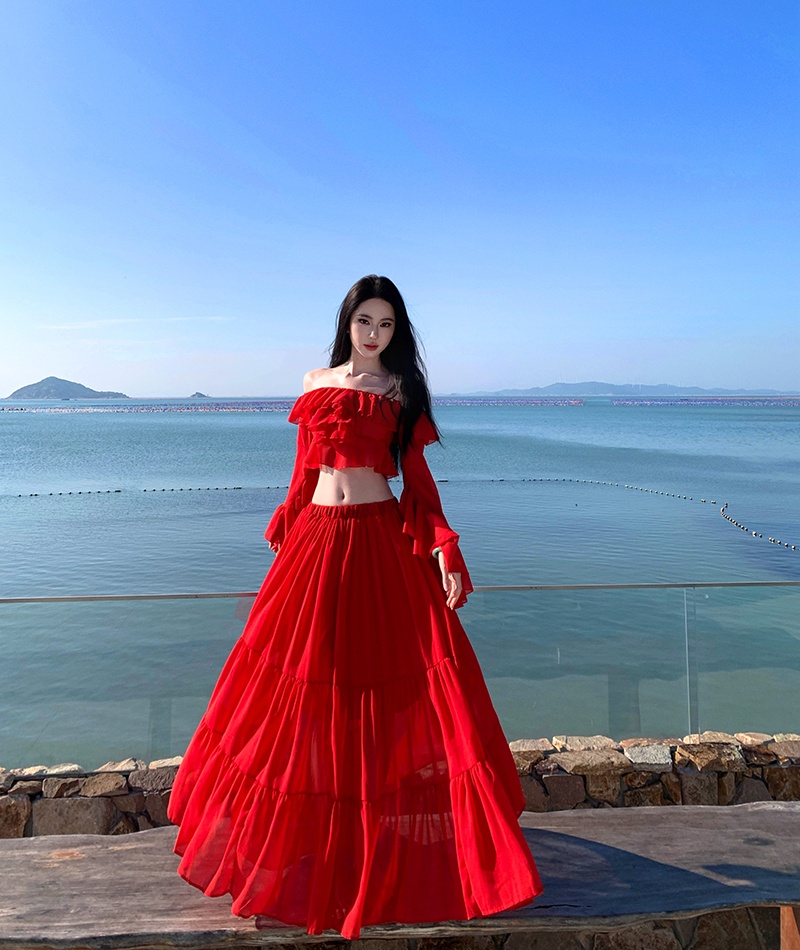 Seaside long skirt lotus leaf edges dress 2pcs set