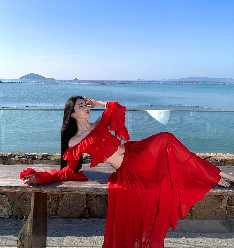 Seaside long skirt lotus leaf edges dress 2pcs set