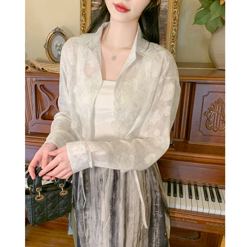 Thin short chiffon tops jacquard air conditioning sun shirt