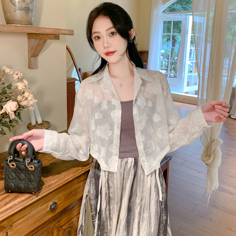 Thin short chiffon tops jacquard air conditioning sun shirt