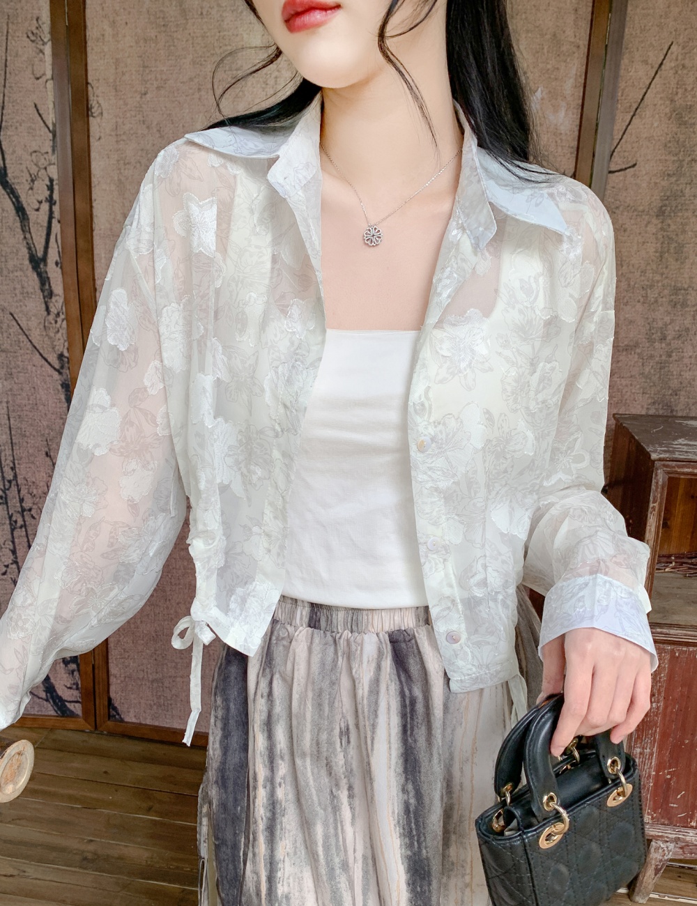 Thin short chiffon tops jacquard air conditioning sun shirt