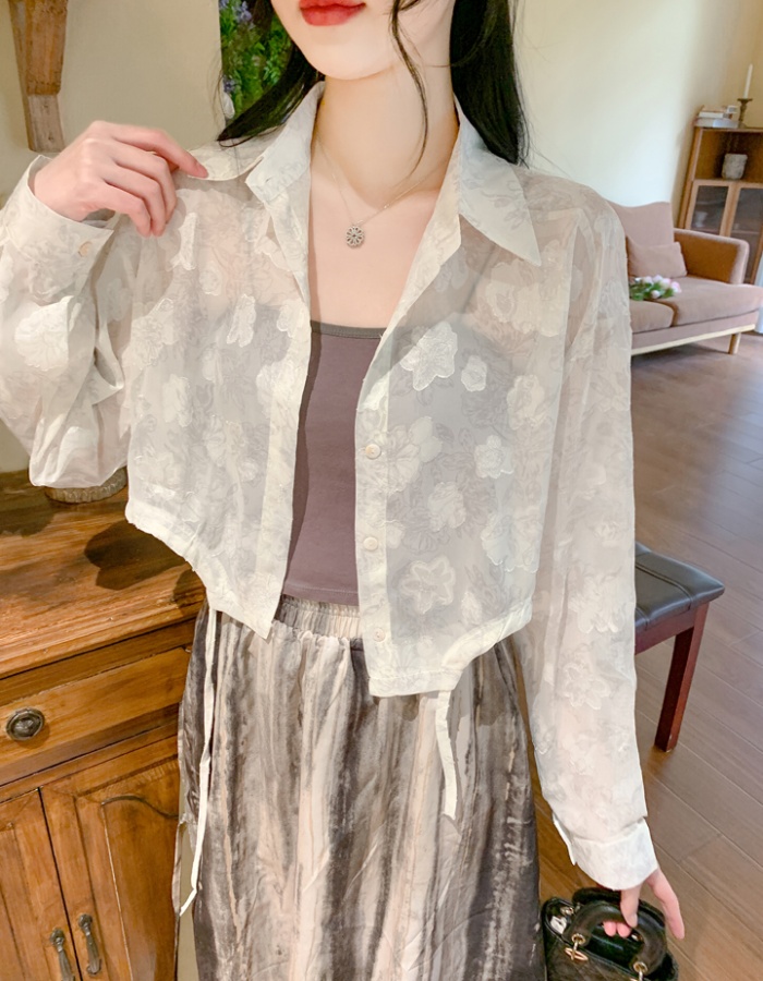 Thin short chiffon tops jacquard air conditioning sun shirt