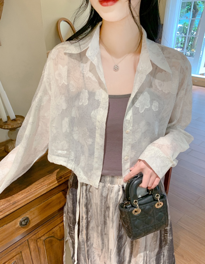 Thin short chiffon tops jacquard air conditioning sun shirt