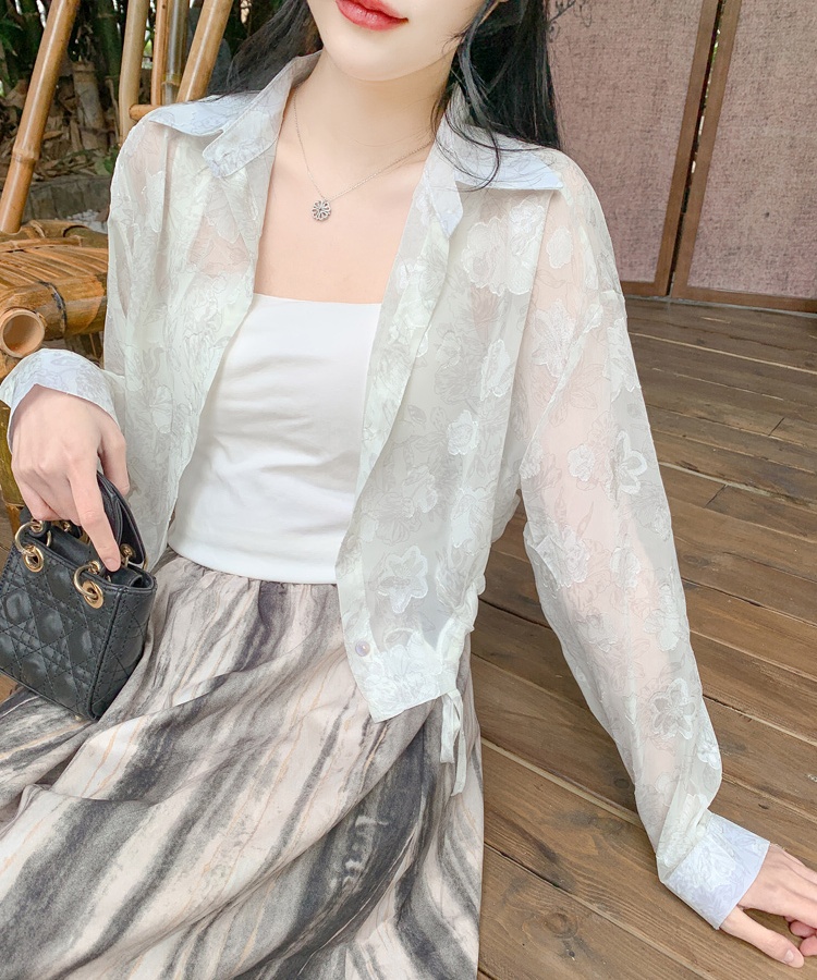 Thin short chiffon tops jacquard air conditioning sun shirt