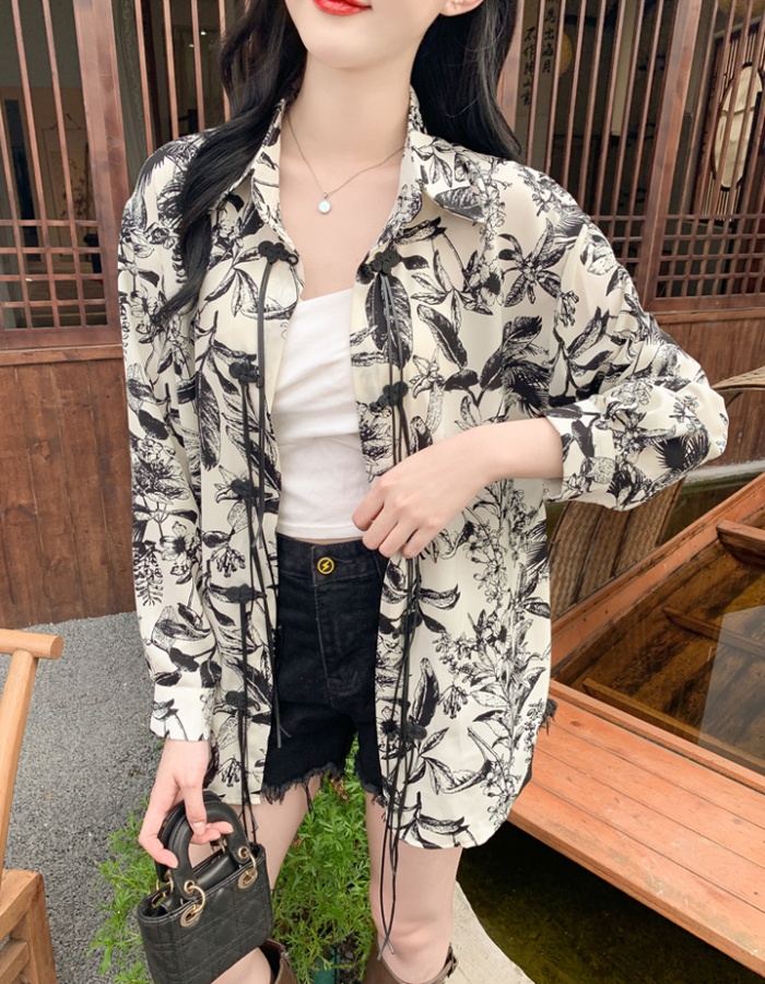 Sunscreen loose printing niche shirt spring retro ink tops