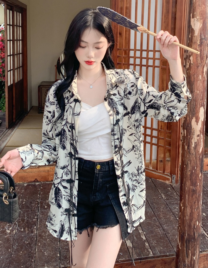 Sunscreen loose printing niche shirt spring retro ink tops