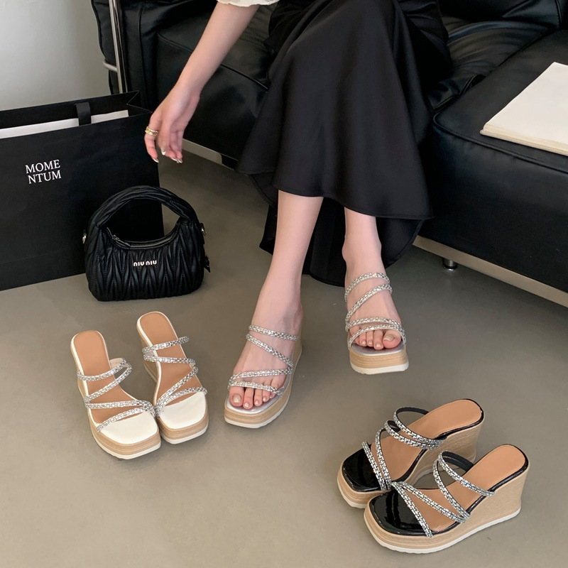 Rhinestone square head fashion slippers for women