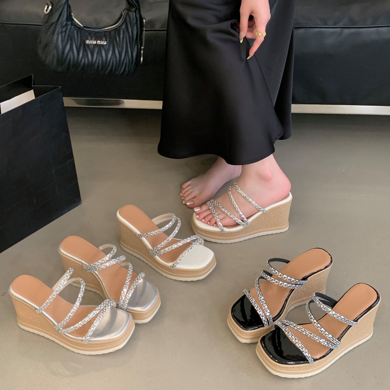 Rhinestone square head fashion slippers for women