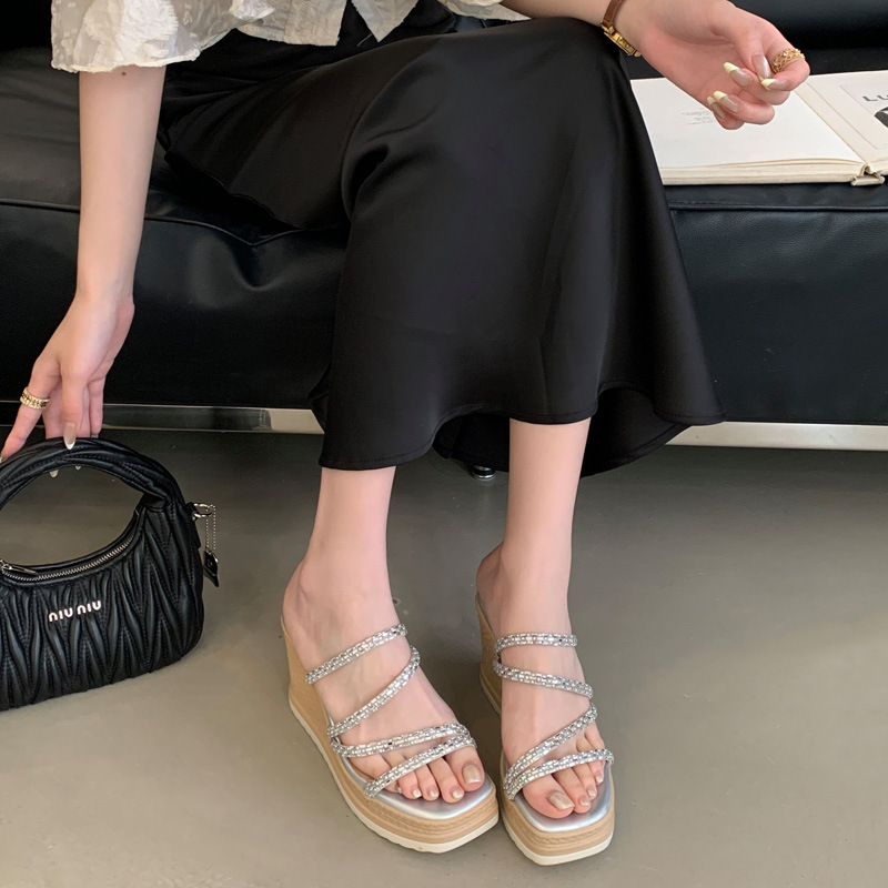 Rhinestone square head fashion slippers for women