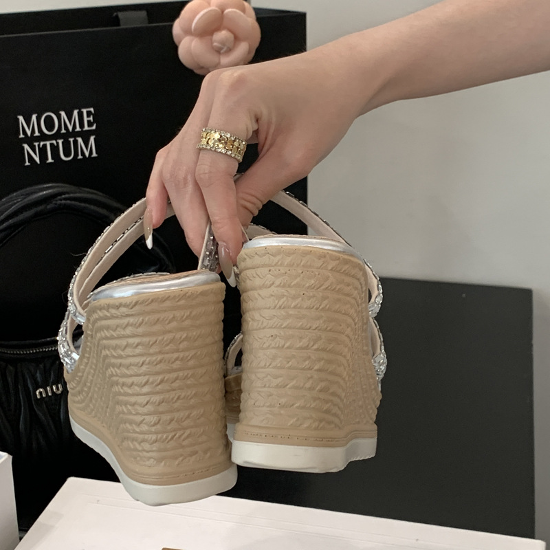 Rhinestone square head fashion slippers for women