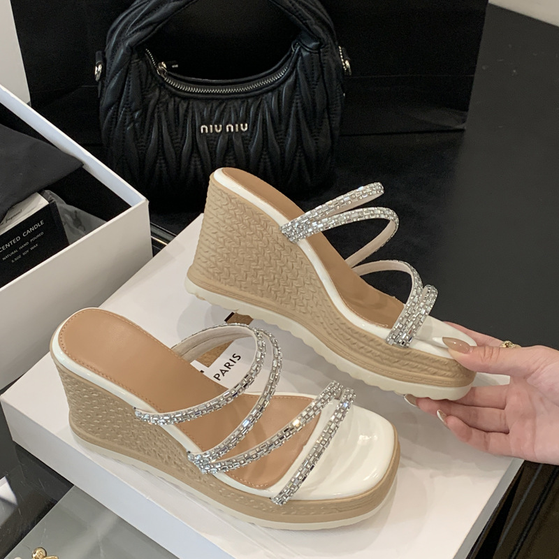 Rhinestone square head fashion slippers for women