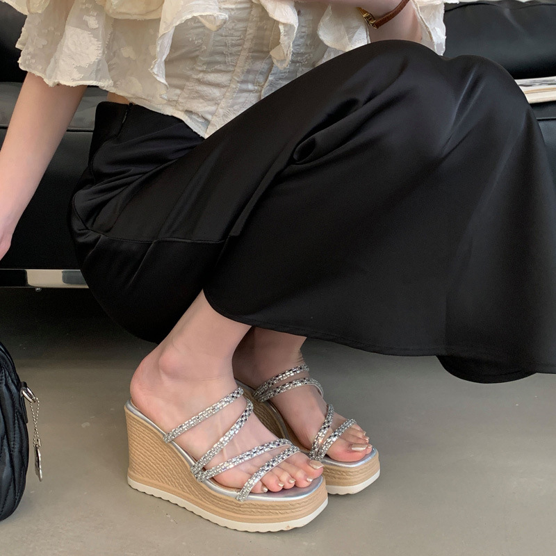 Rhinestone square head fashion slippers for women