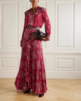 Retro lotus leaf edges shirt chiffon long skirt 2pcs set