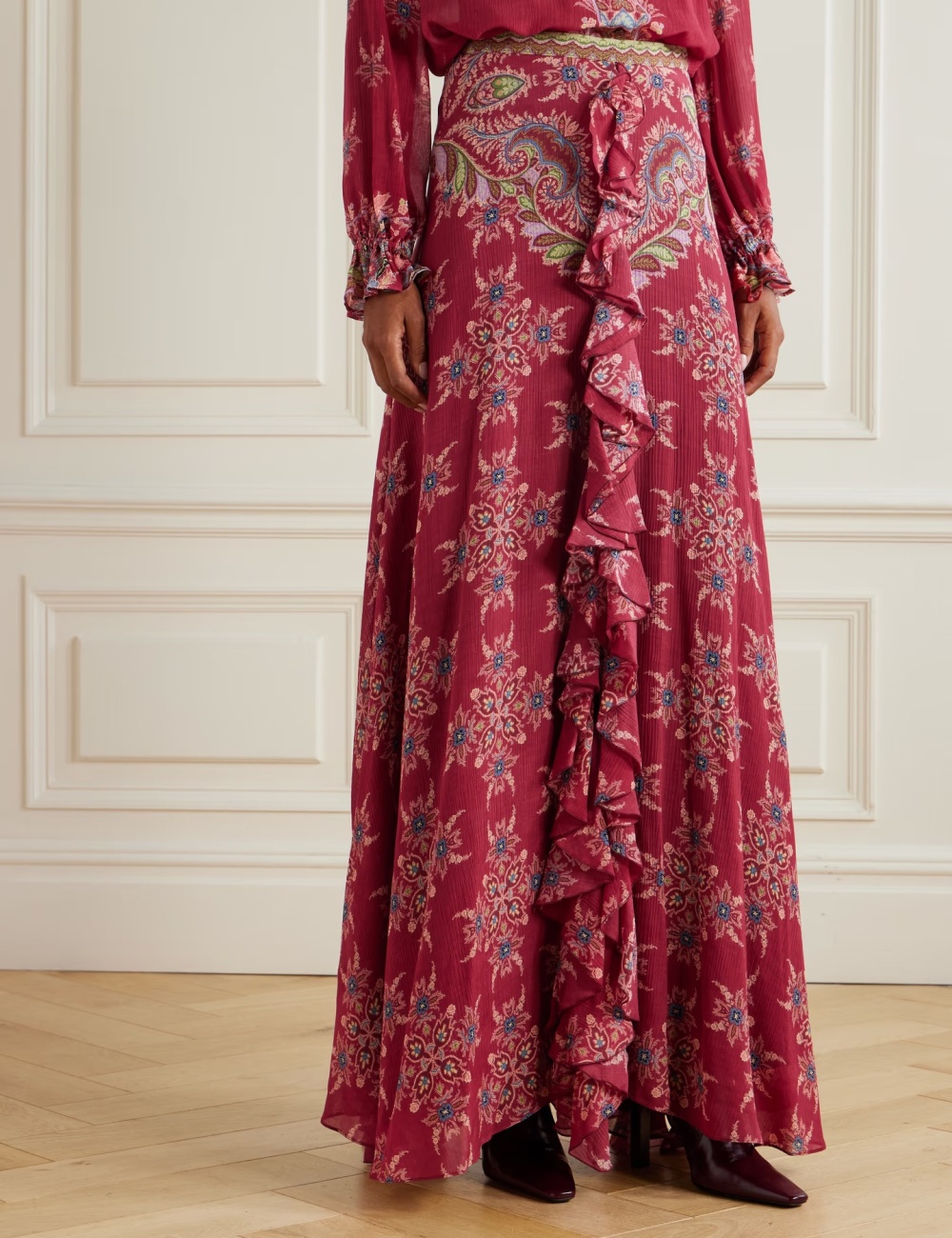 Retro lotus leaf edges shirt chiffon long skirt 2pcs set