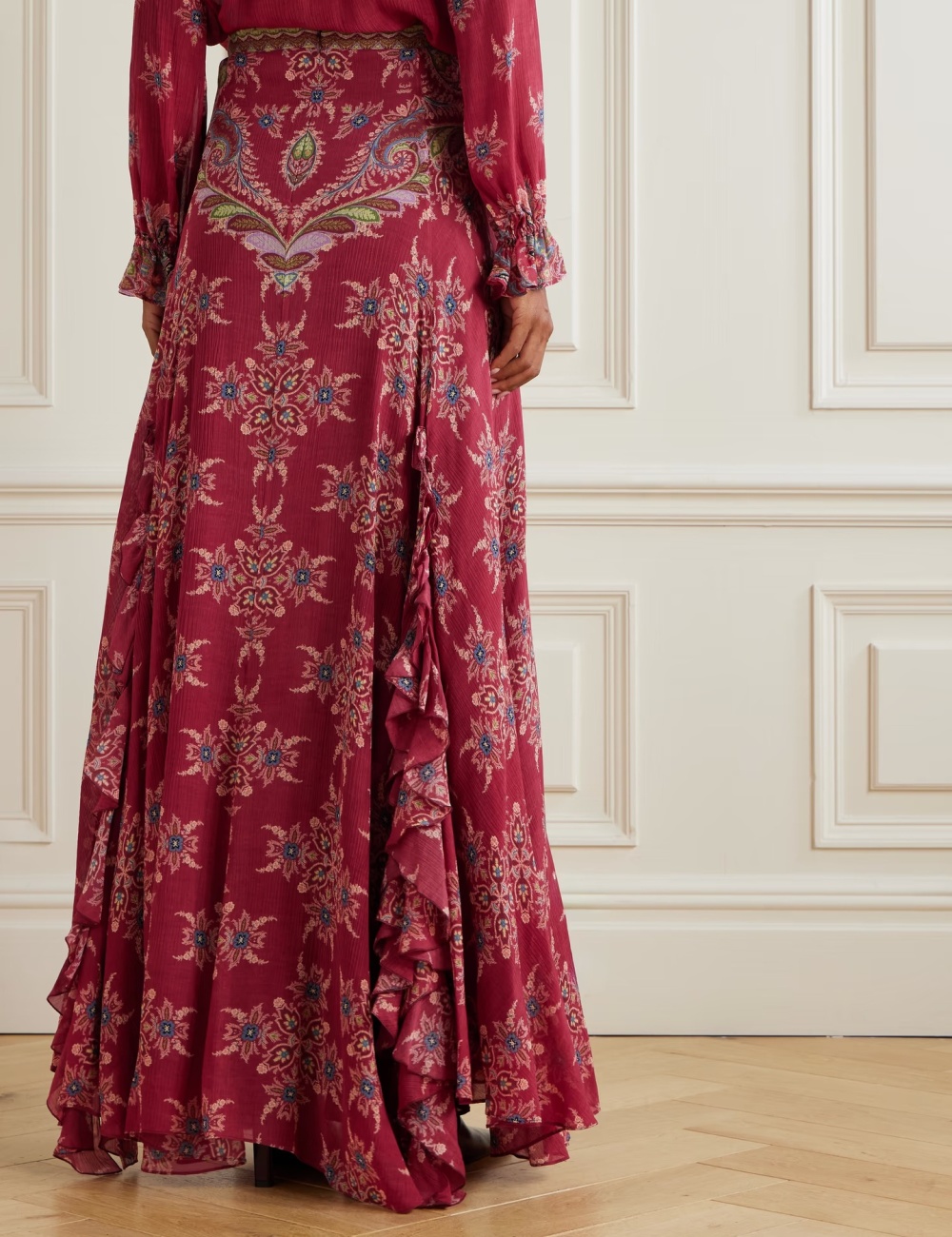 Retro lotus leaf edges shirt chiffon long skirt 2pcs set