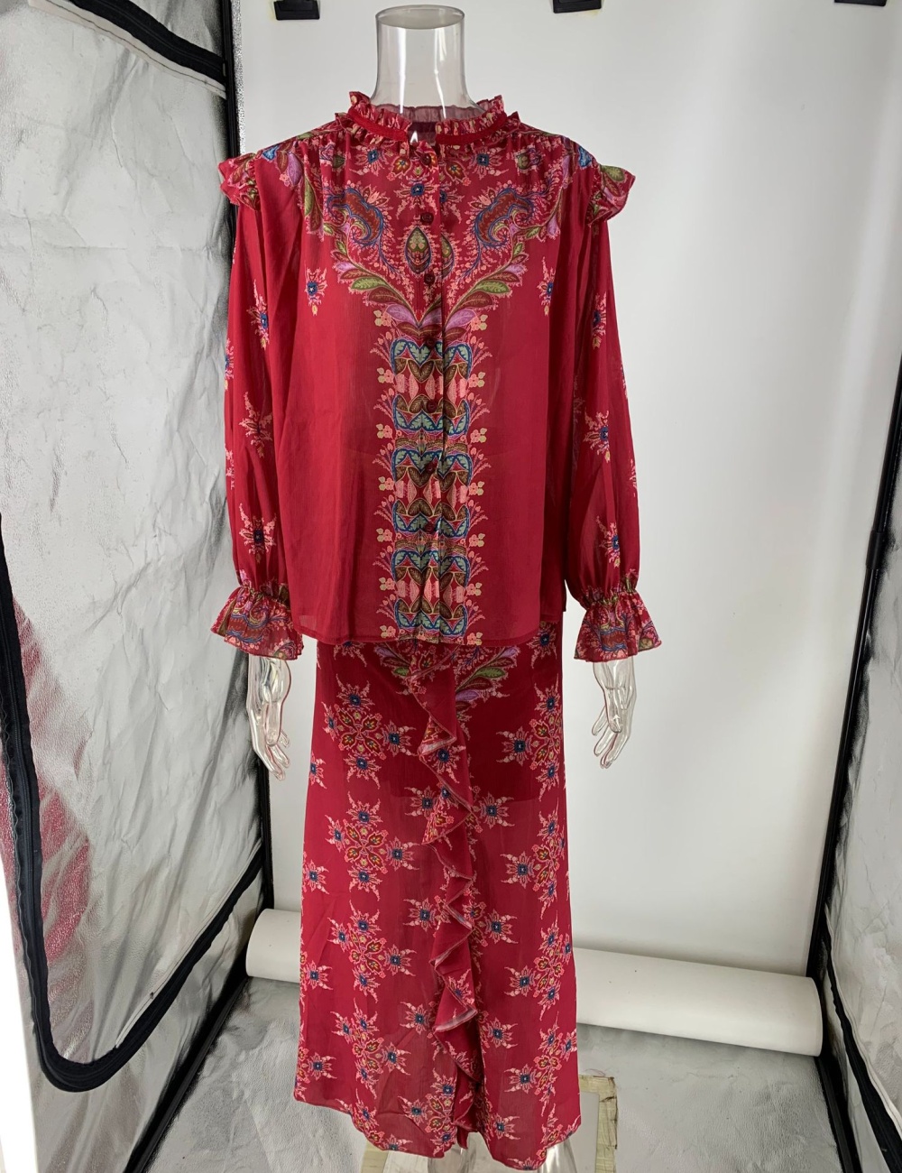 Retro lotus leaf edges shirt chiffon long skirt 2pcs set