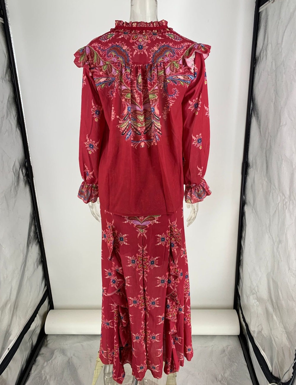 Retro lotus leaf edges shirt chiffon long skirt 2pcs set