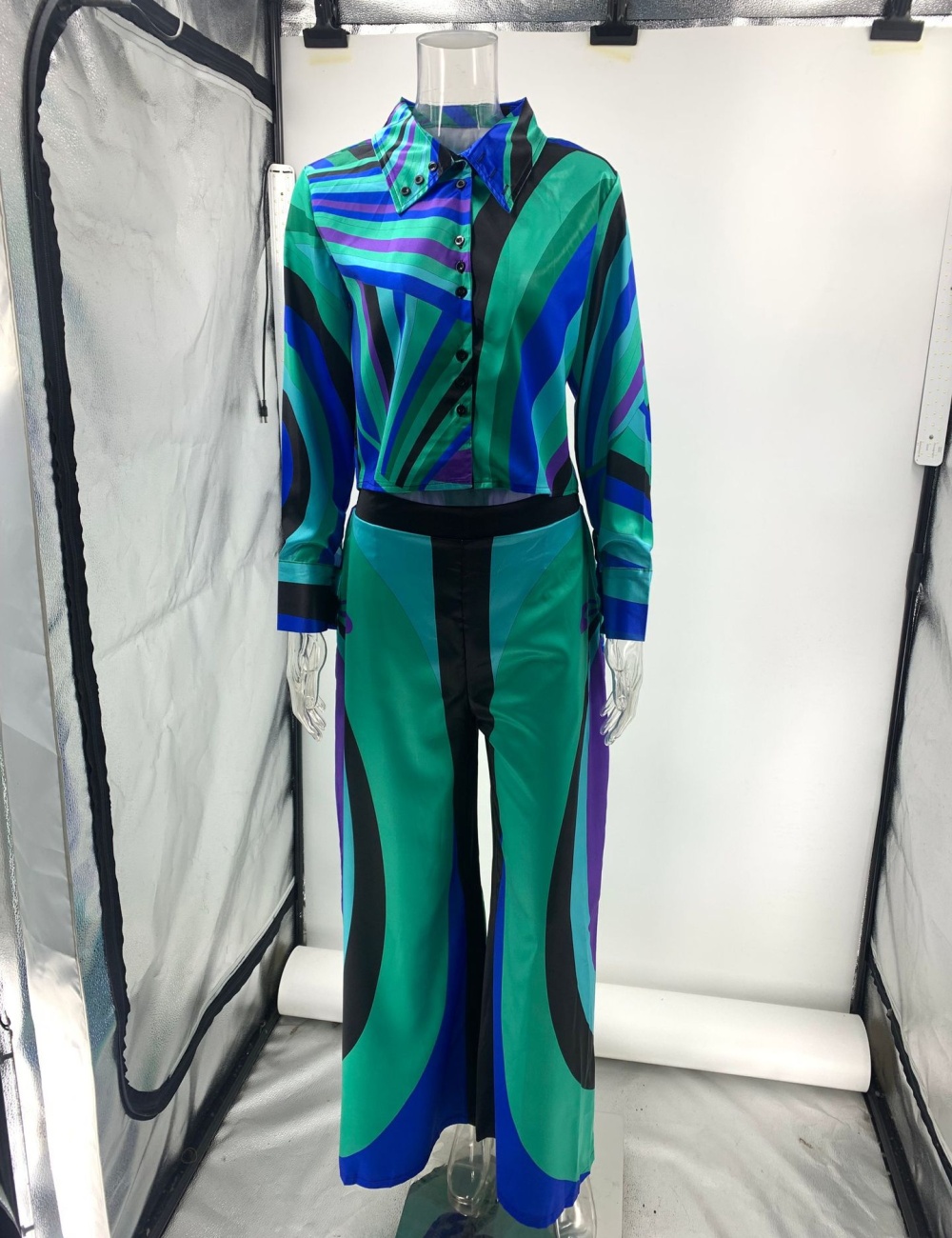 Satin wide leg pants long sleeve long pants 2pcs set