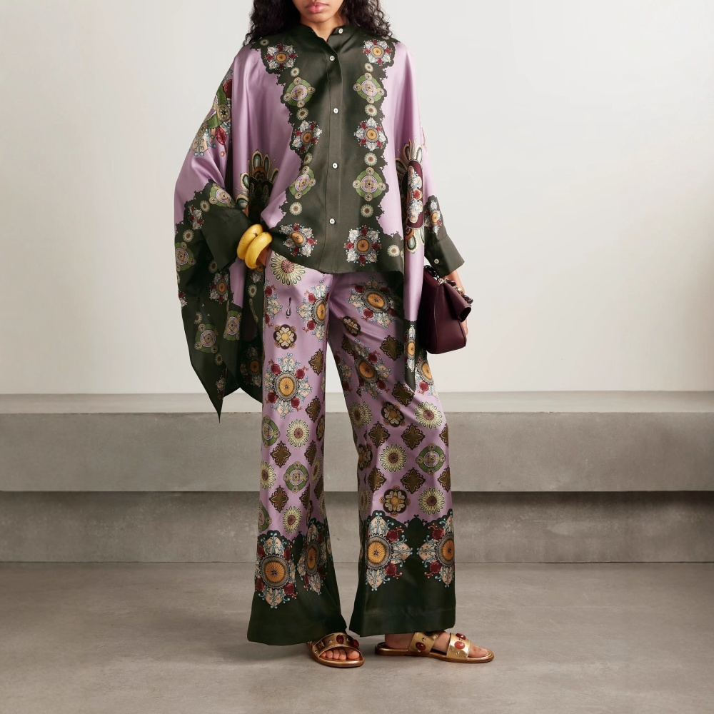 Satin retro long pants loose printing tops 2pcs set
