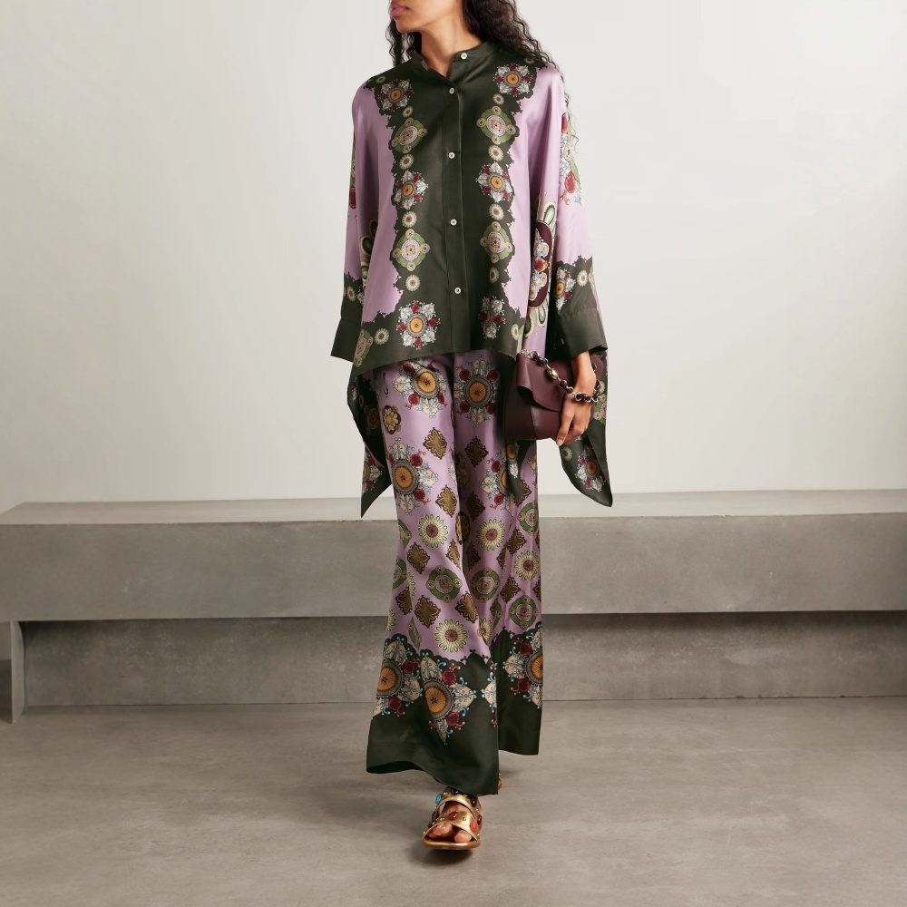 Satin retro long pants loose printing tops 2pcs set