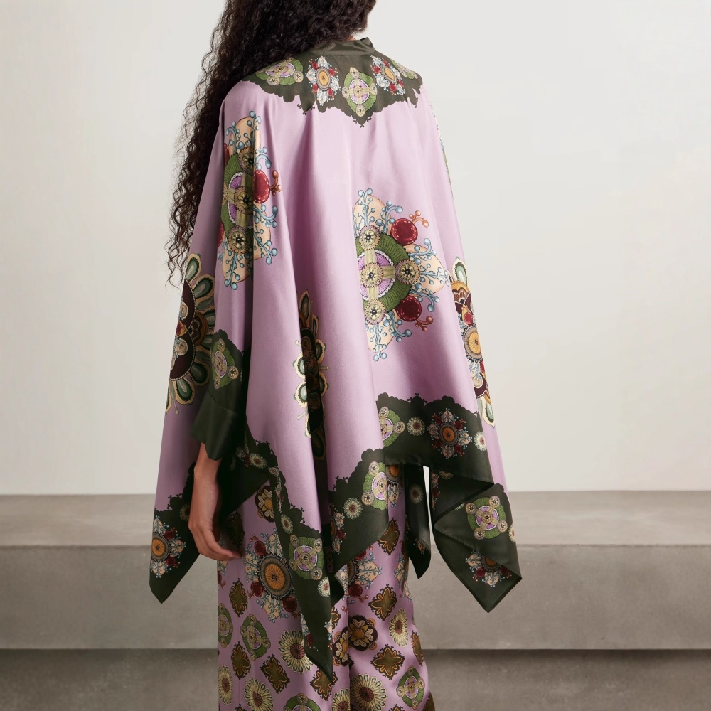 Satin retro long pants loose printing tops 2pcs set