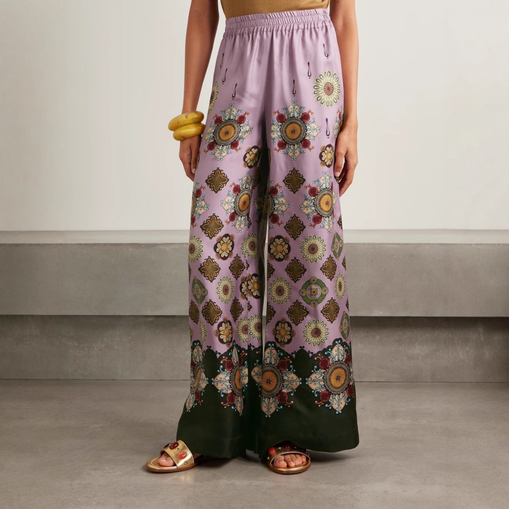 Satin retro long pants loose printing tops 2pcs set