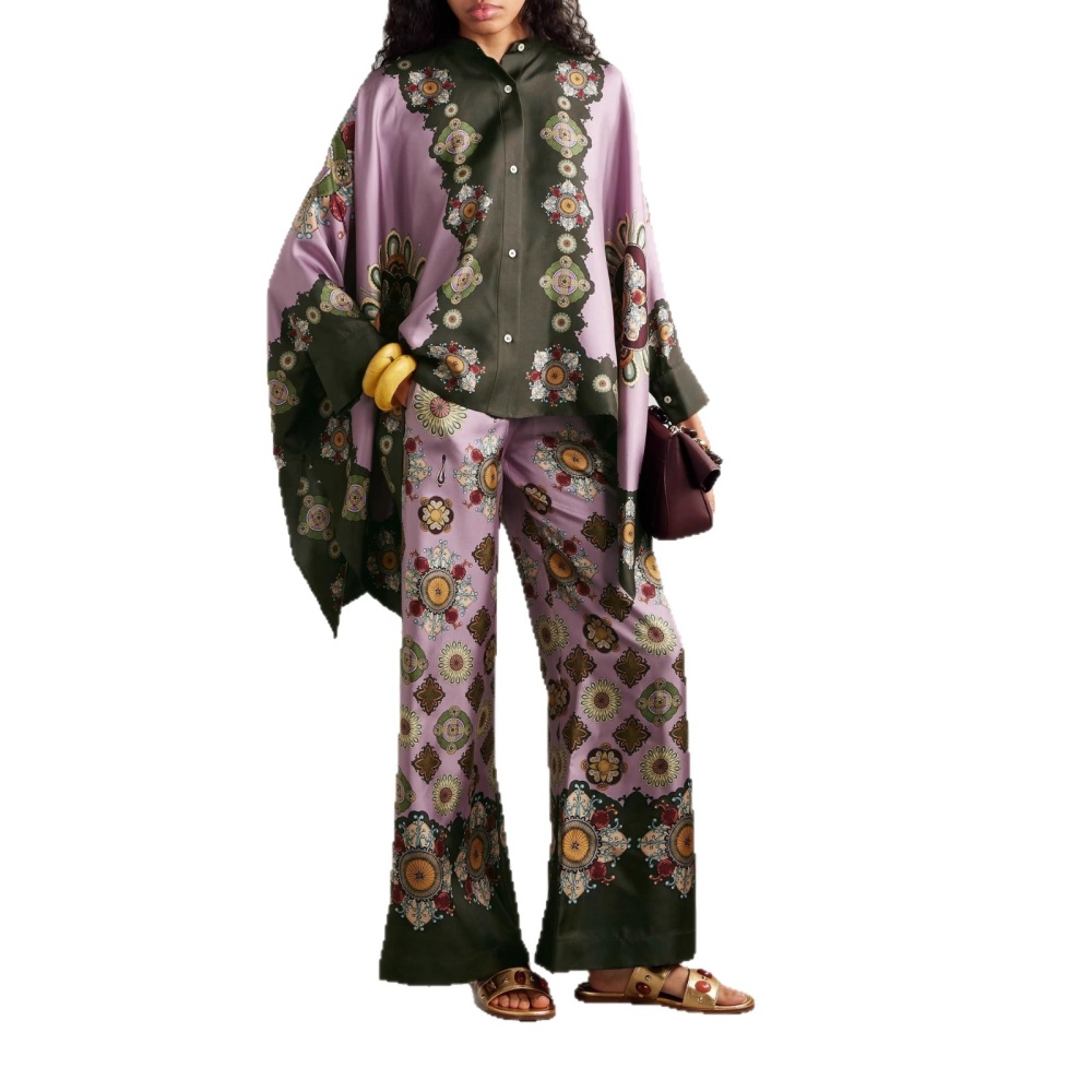 Satin retro long pants loose printing tops 2pcs set