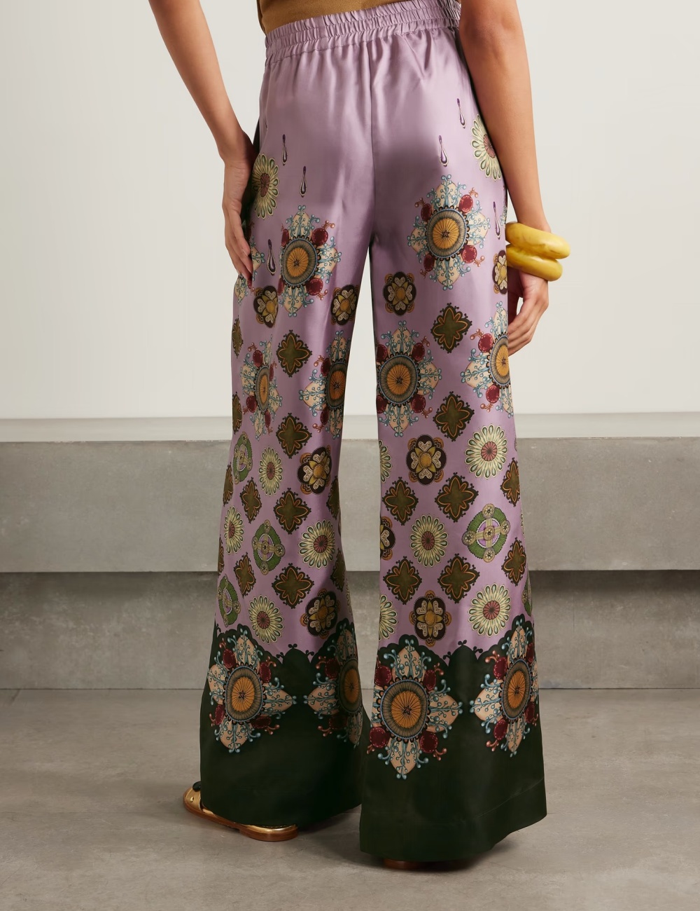 Satin retro long pants loose printing tops 2pcs set