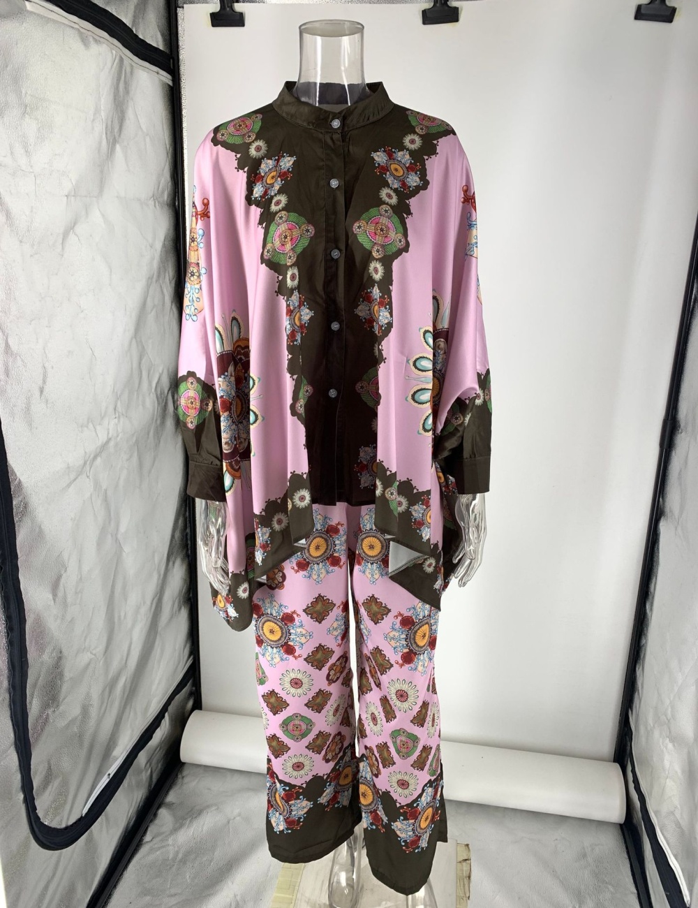 Satin retro long pants loose printing tops 2pcs set