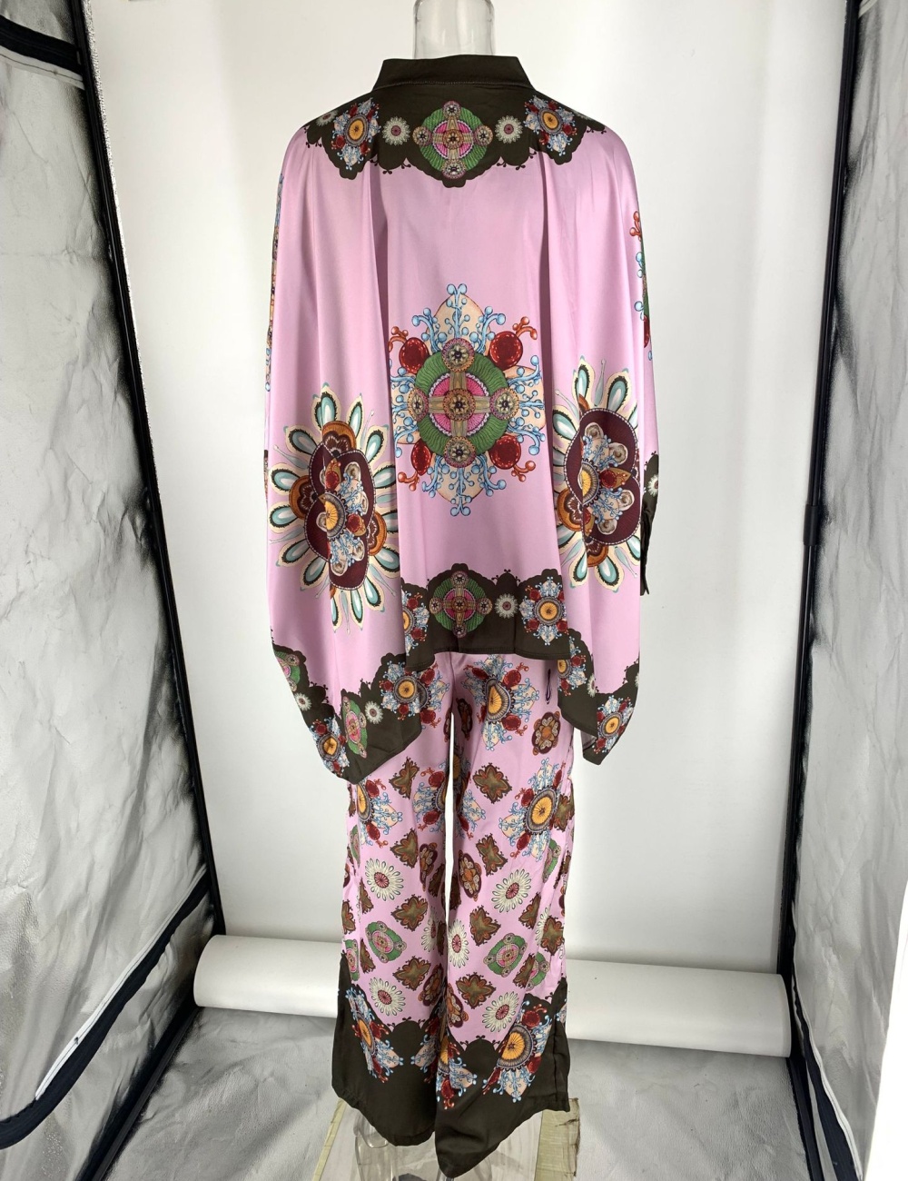 Satin retro long pants loose printing tops 2pcs set