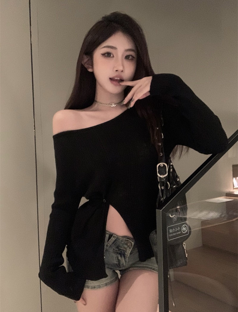 Flat shoulder spicegirl tops bottoming split T-shirt